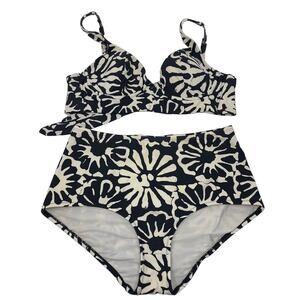Tory Burch XSmall Black Cream Pomelo Floral Print Bikini Set High Waist Bottoms